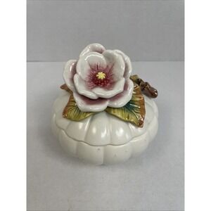 Fitz and Floyd Magnolia Trinket Box Ceramic Flower Ladybug Scalloped White Pink